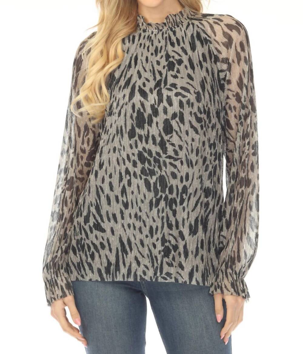 NEW JOSEPH RIBKOFF animal print pleated metallic mesh blouse in beige/black